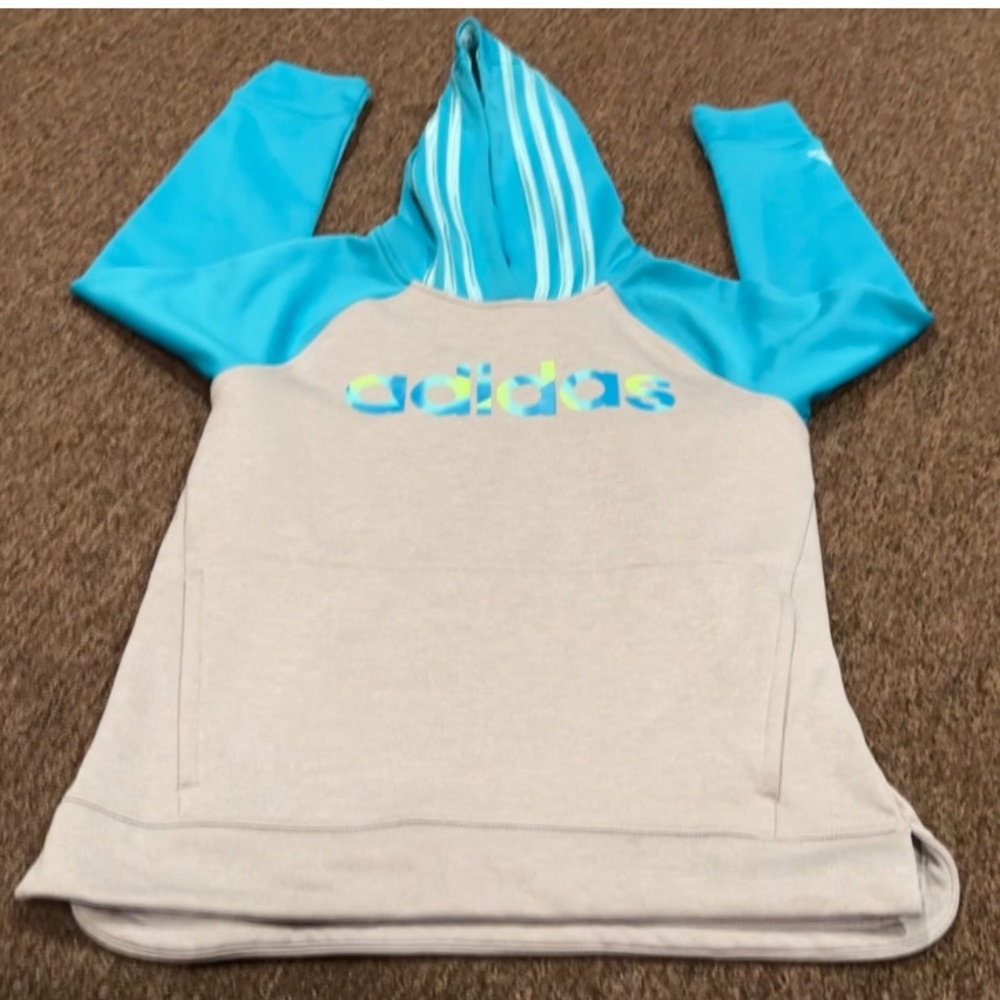 EUC Adidas Blue Grey HOODIE SWEATSHIRT 10-12 M Girls LS Hooded Top pull over